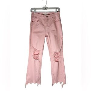 Pink High Rise Distressed Jeans with Raw Hem